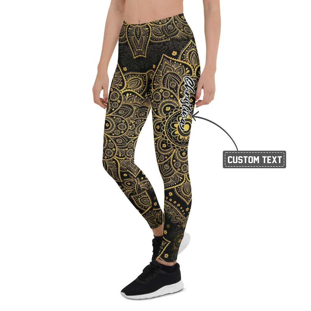 Personalisierte Damen Sportleggings Mandala Design Schwarz Gold Yoga Fitness Leggings P961 - XL
