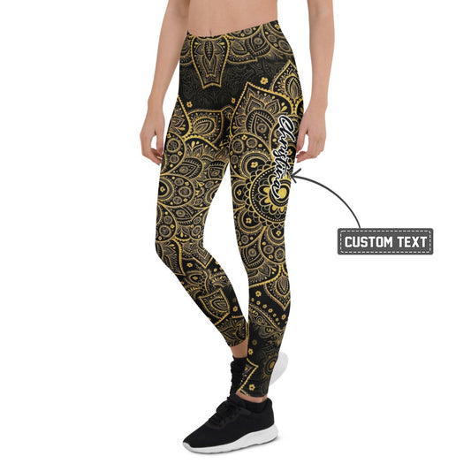 Personalisierte Damen Sportleggings Mandala Design Schwarz Gold Yoga Fitness Leggings P961 - XL