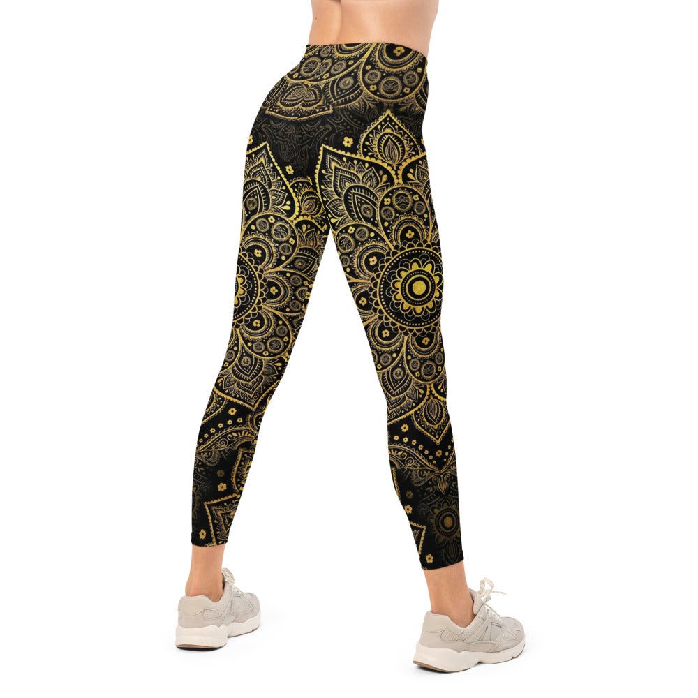 Personalisierte Damen Sportleggings Mandala Design Schwarz Gold Yoga Fitness Leggings P961
