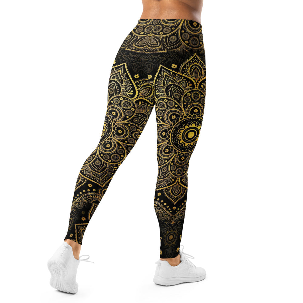 Personalisierte Damen Sportleggings Mandala Design Schwarz Gold Yoga Fitness Leggings P961