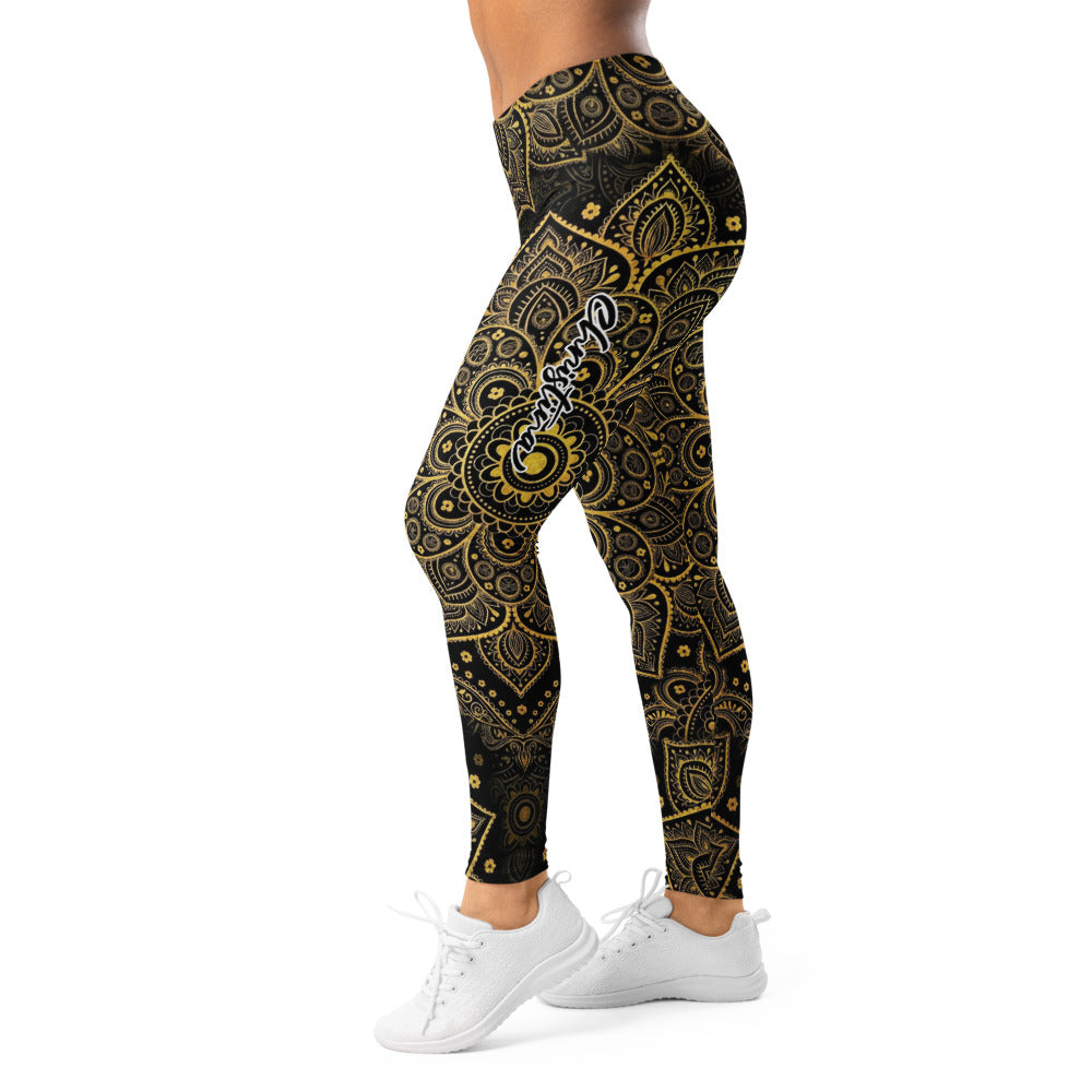 Personalisierte Damen Sportleggings Mandala Design Schwarz Gold Yoga Fitness Leggings P961