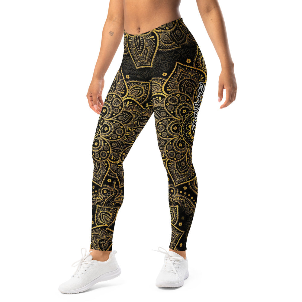 Personalisierte Damen Sportleggings Mandala Design Schwarz Gold Yoga Fitness Leggings P961