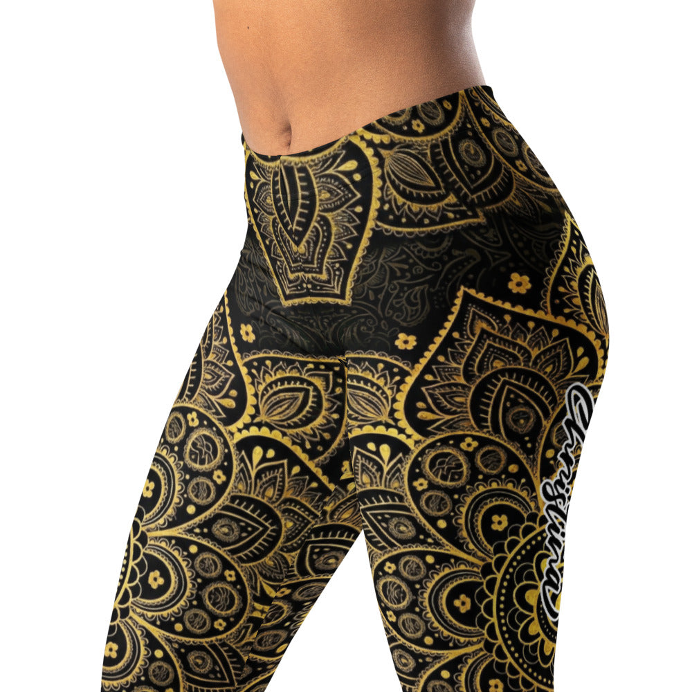 Personalisierte Damen Sportleggings Mandala Design Schwarz Gold Yoga Fitness Leggings P961