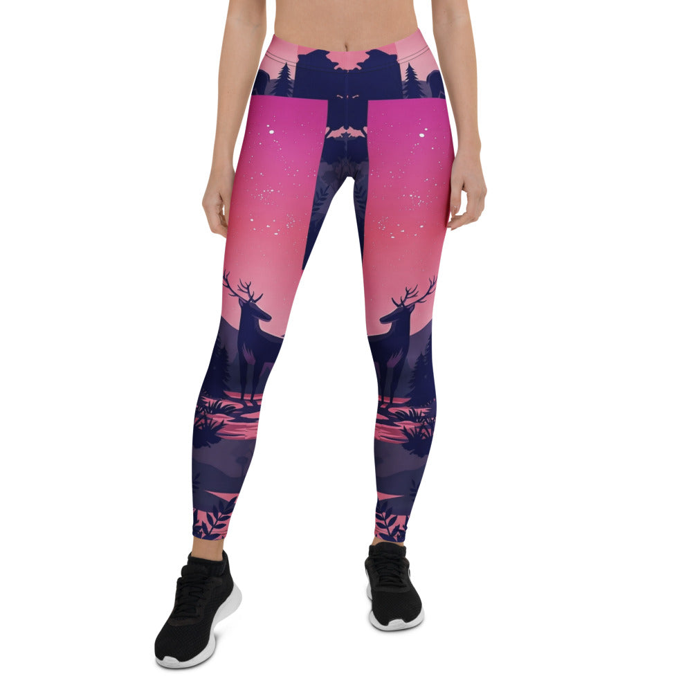 Personalisierte Damen Sportleggings Hirsch Motiv Wald Design Pink Blau Fitness Leggings D565