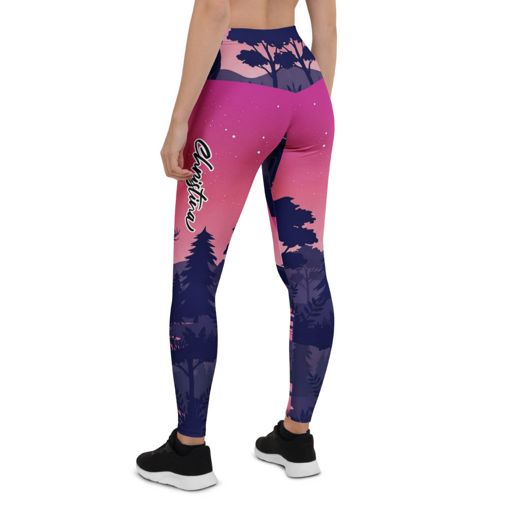 Personalisierte Damen Sportleggings Hirsch Motiv Wald Design Pink Blau Fitness Leggings D565