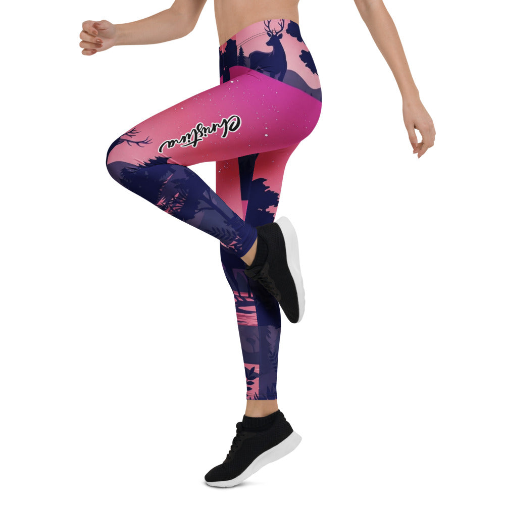 Personalisierte Damen Sportleggings Hirsch Motiv Wald Design Pink Blau Fitness Leggings D565