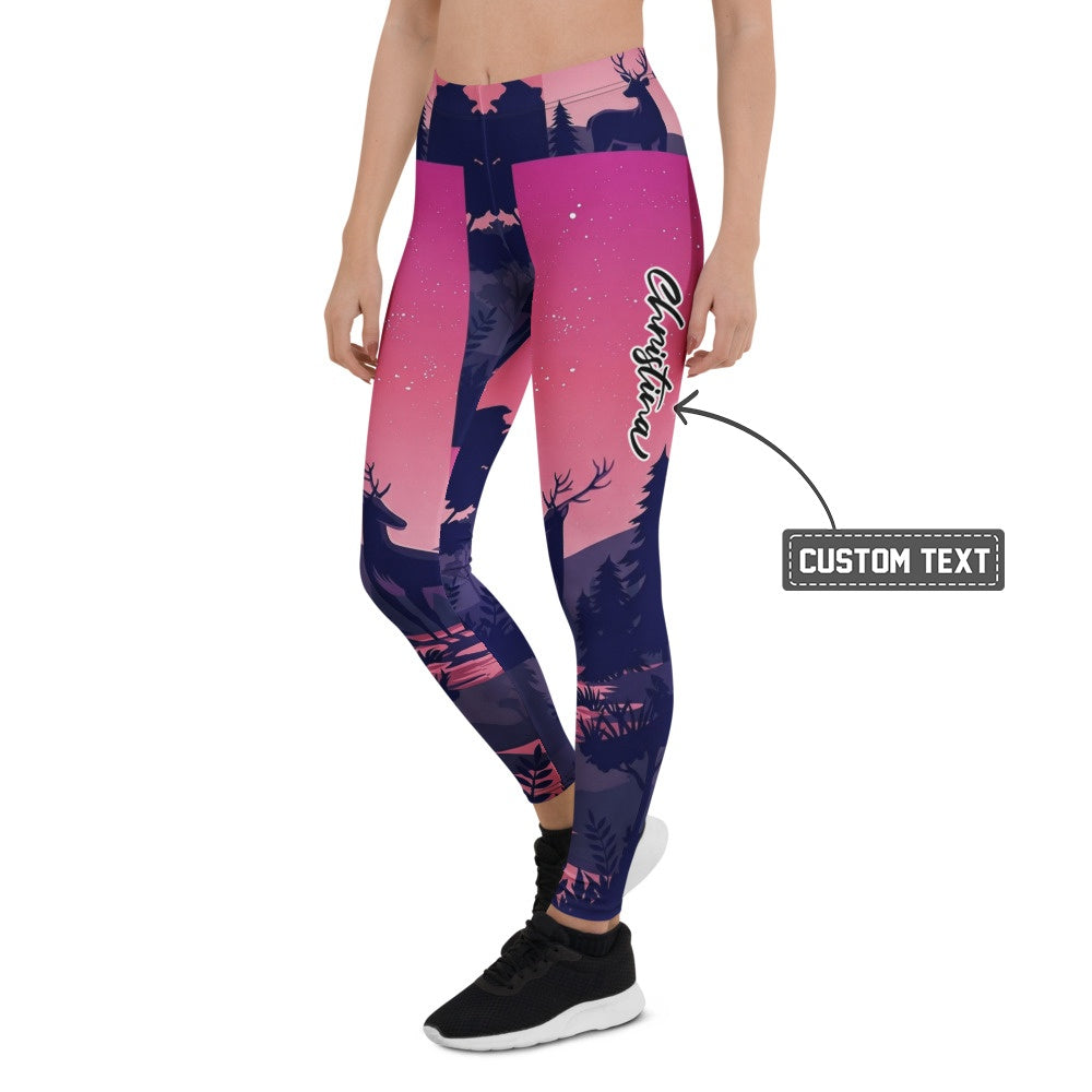 Personalisierte Damen Sportleggings Hirsch Motiv Wald Design Pink Blau Fitness Leggings D565 - XL