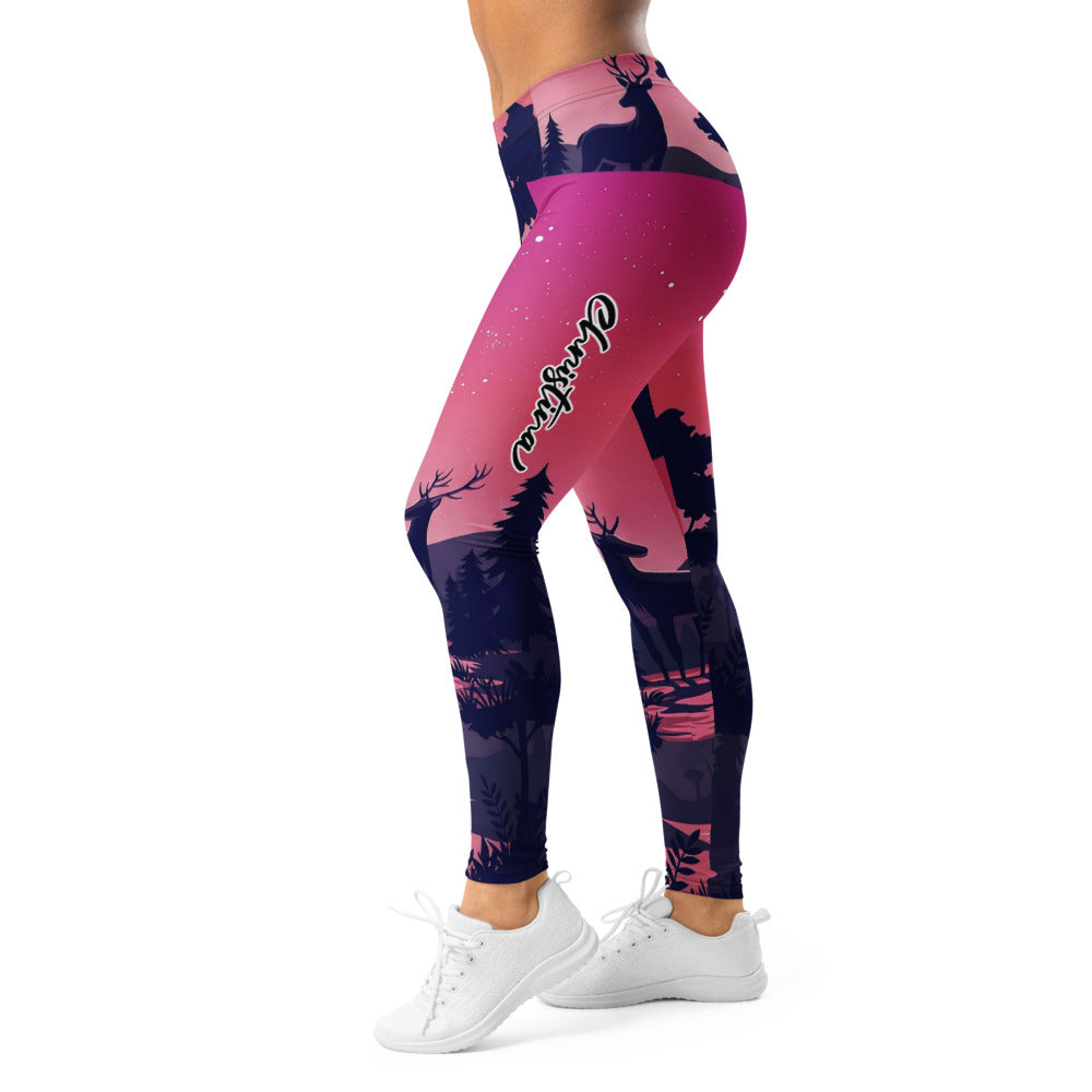 Personalisierte Damen Sportleggings Hirsch Motiv Wald Design Pink Blau Fitness Leggings D565