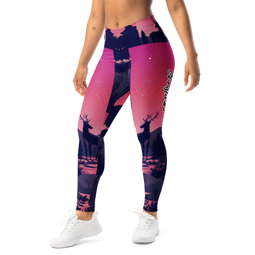 Personalisierte Damen Sportleggings Hirsch Motiv Wald Design Pink Blau Fitness Leggings D565