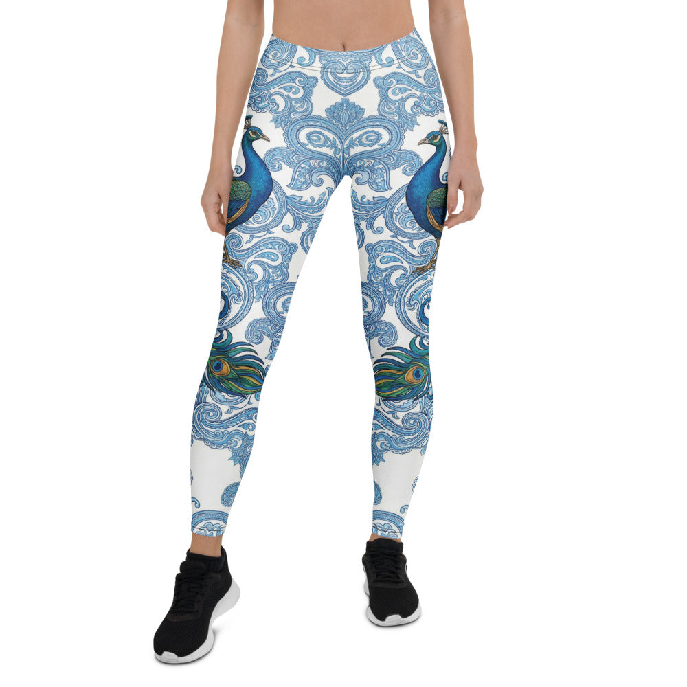 Personalisierte Damen Sportleggings Pfau Design Blau Weiß Paisley Muster Fitness Yoga Leggings E910
