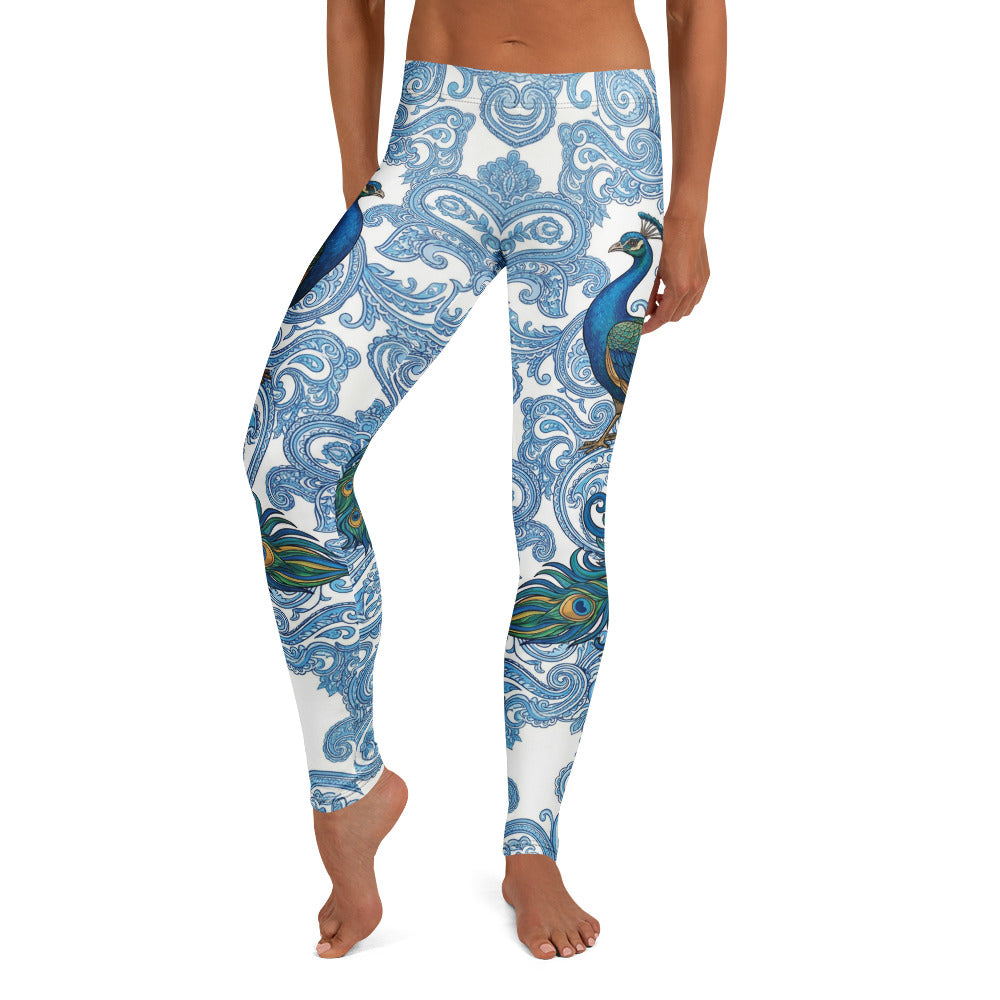Personalisierte Damen Sportleggings Pfau Design Blau Weiß Paisley Muster Fitness Yoga Leggings E910