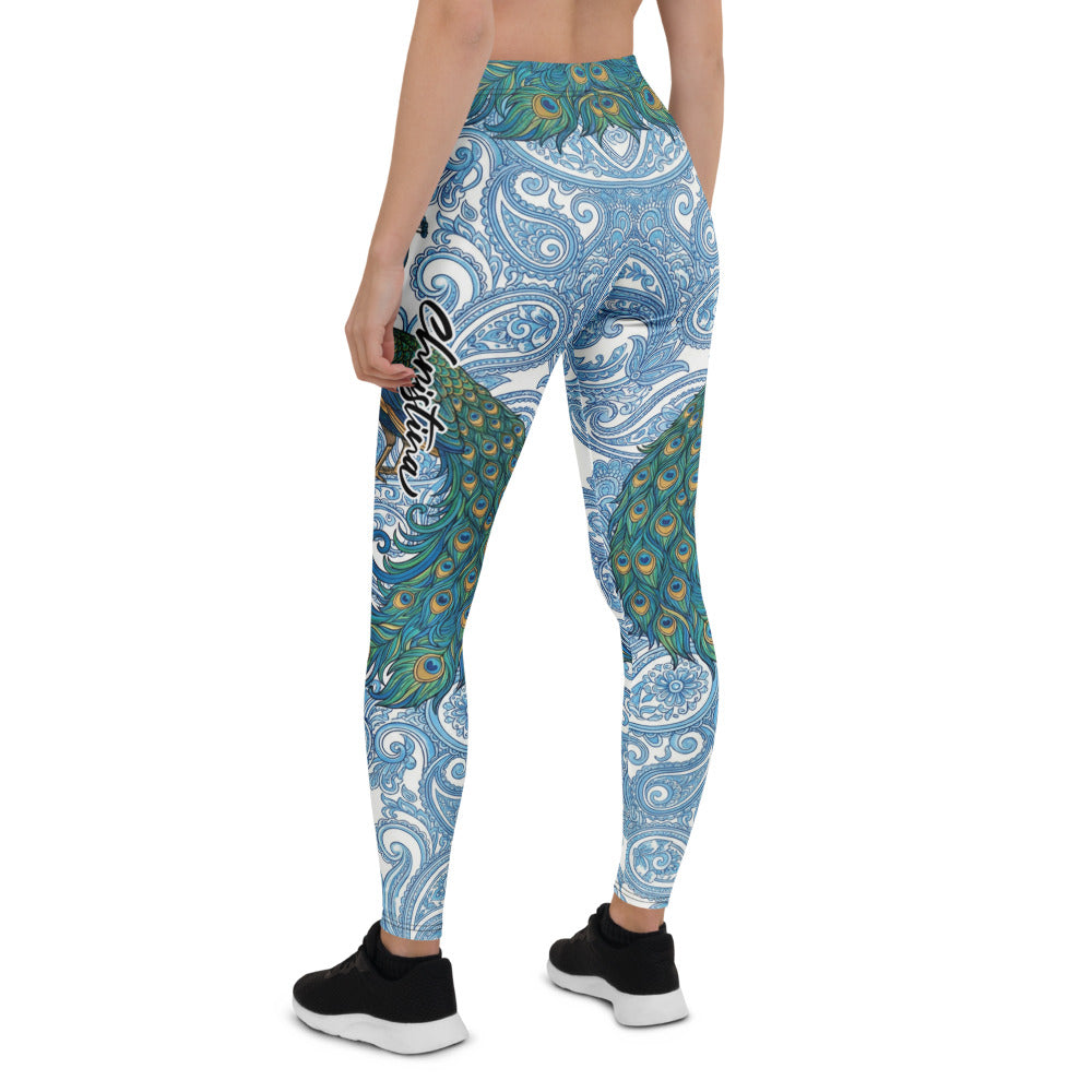 Personalisierte Damen Sportleggings Pfau Design Blau Weiß Paisley Muster Fitness Yoga Leggings E910