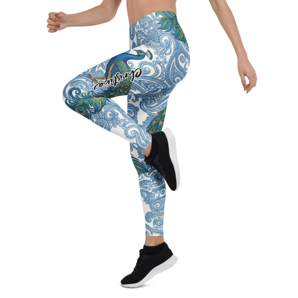 Personalisierte Damen Sportleggings Pfau Design Blau Weiß Paisley Muster Fitness Yoga Leggings E910