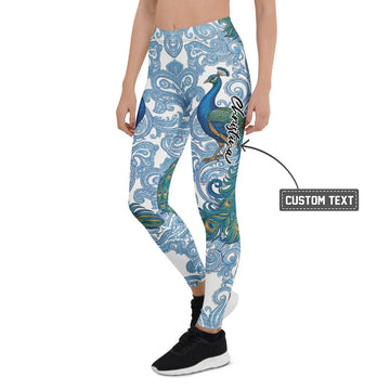 Personalisierte Damen Sportleggings Pfau Design Blau Weiß Paisley Muster Fitness Yoga Leggings E910 - XL