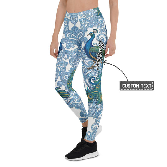 Personalisierte Damen Sportleggings Pfau Design Blau Weiß Paisley Muster Fitness Yoga Leggings E910 - XL