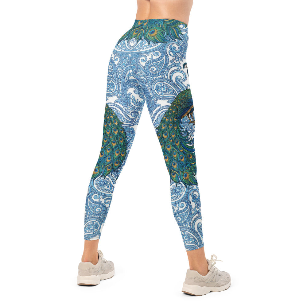 Personalisierte Damen Sportleggings Pfau Design Blau Weiß Paisley Muster Fitness Yoga Leggings E910