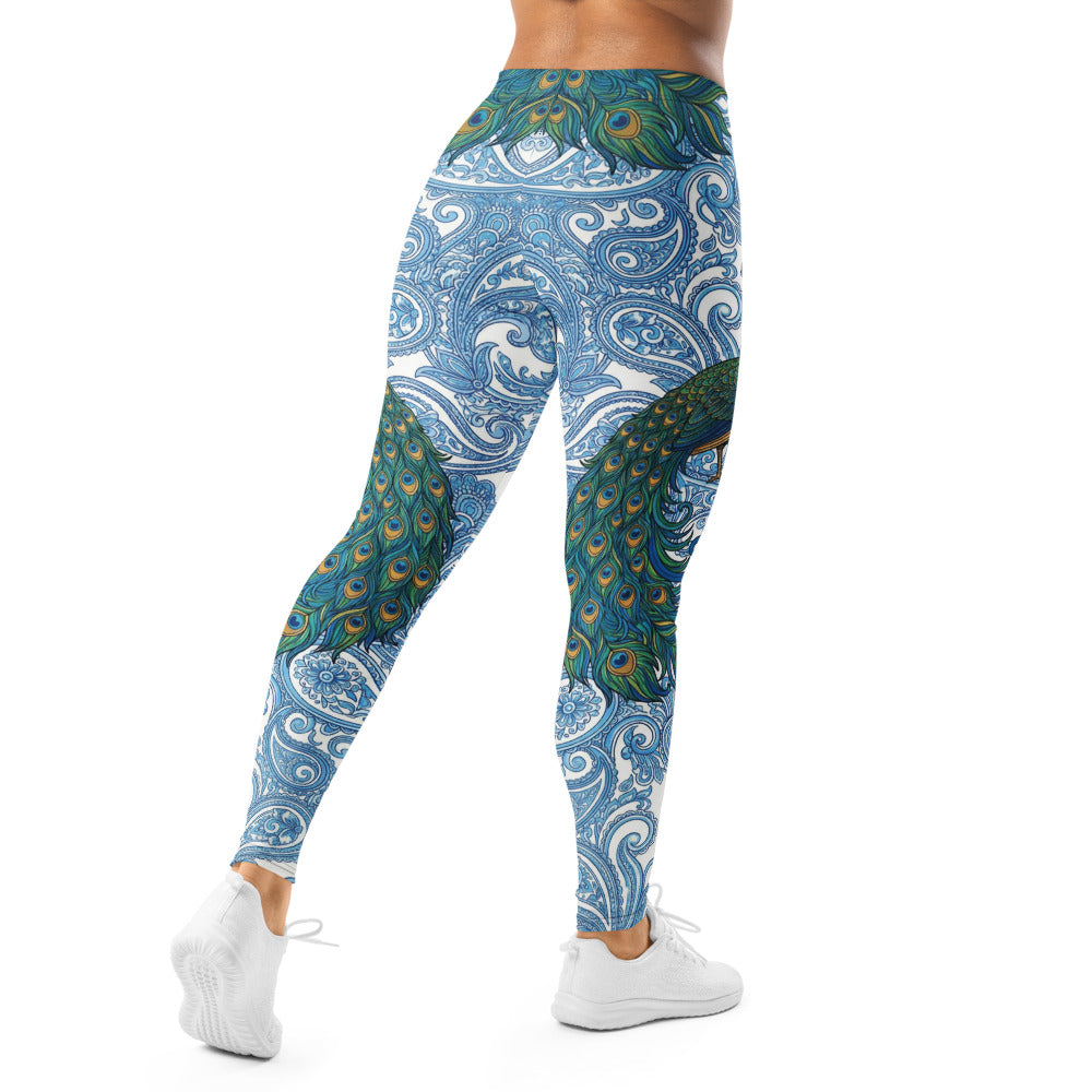 Personalisierte Damen Sportleggings Pfau Design Blau Weiß Paisley Muster Fitness Yoga Leggings E910
