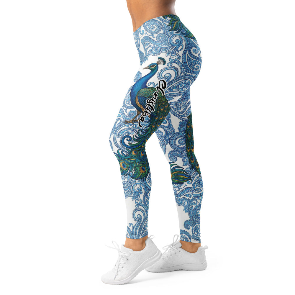 Personalisierte Damen Sportleggings Pfau Design Blau Weiß Paisley Muster Fitness Yoga Leggings E910