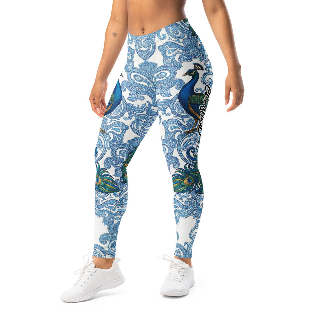 Personalisierte Damen Sportleggings Pfau Design Blau Weiß Paisley Muster Fitness Yoga Leggings E910