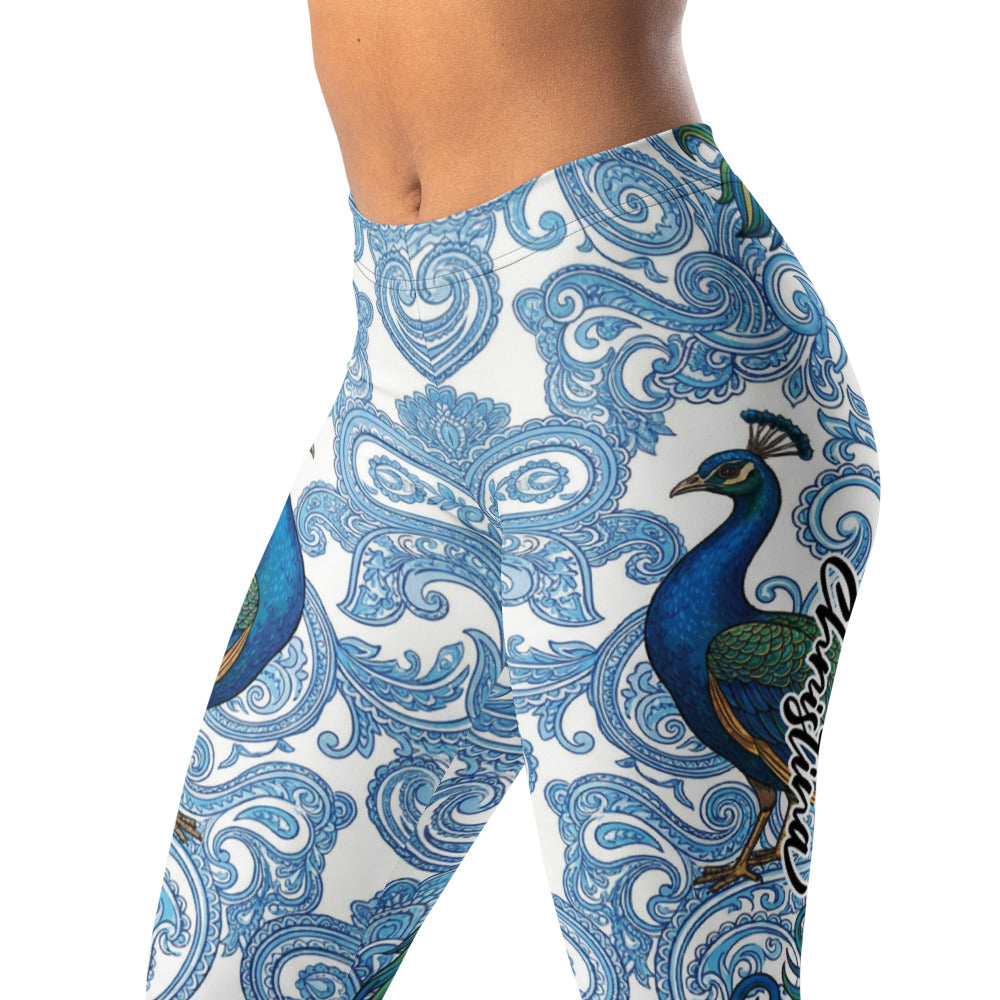 Personalisierte Damen Sportleggings Pfau Design Blau Weiß Paisley Muster Fitness Yoga Leggings E910