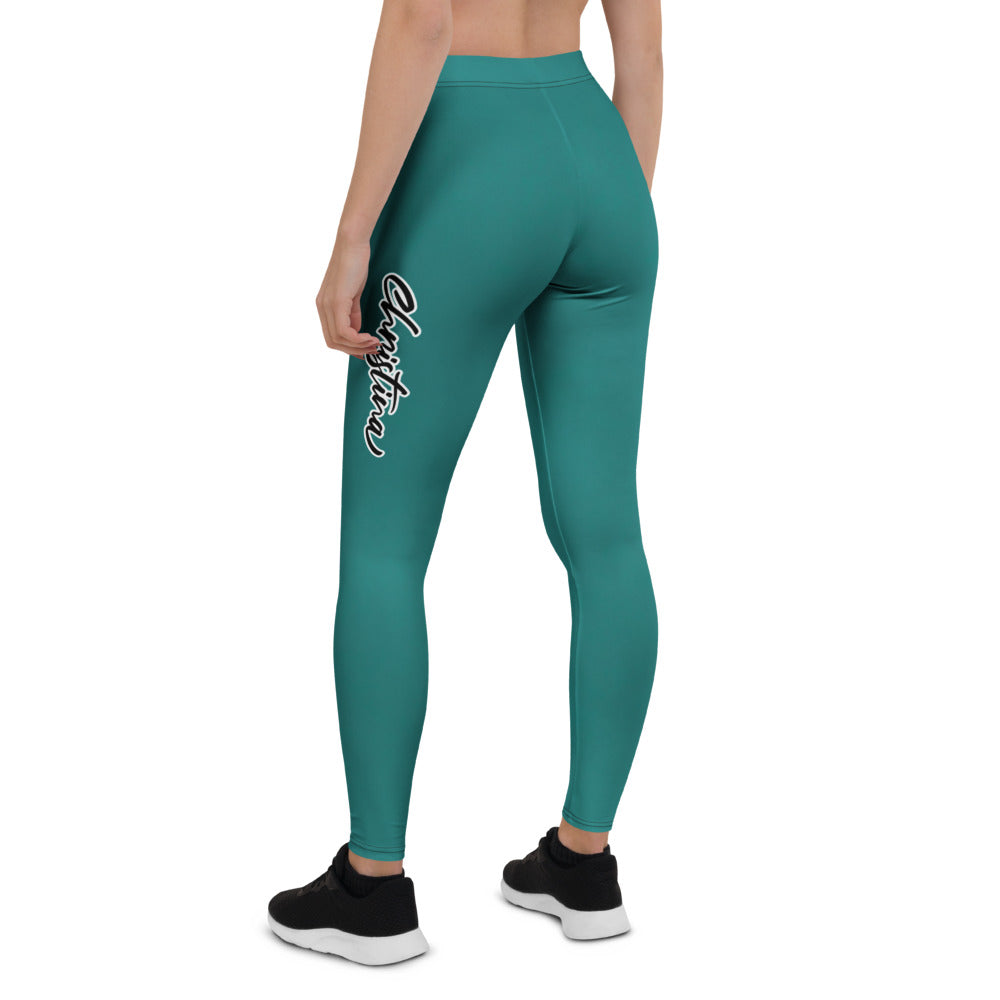 Personalisierte Damen Sportleggings Petrol Dunkeltürkis Fitness Leggings mit Schriftzug Yoga Hose X556