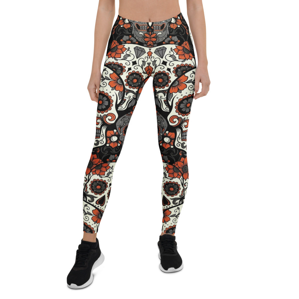 Personalisierte Sportleggings Damen Totenkopf Design Sugar Skull Muster Orange Schwarz Fitness Leggings N476