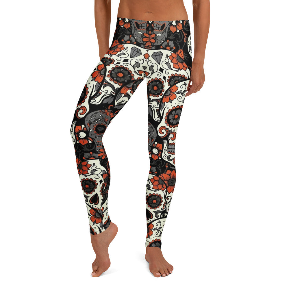 Personalisierte Sportleggings Damen Totenkopf Design Sugar Skull Muster Orange Schwarz Fitness Leggings N476