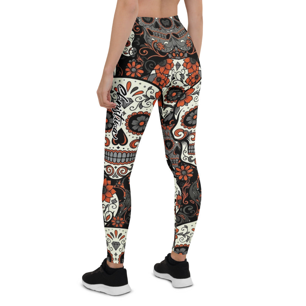 Personalisierte Sportleggings Damen Totenkopf Design Sugar Skull Muster Orange Schwarz Fitness Leggings N476