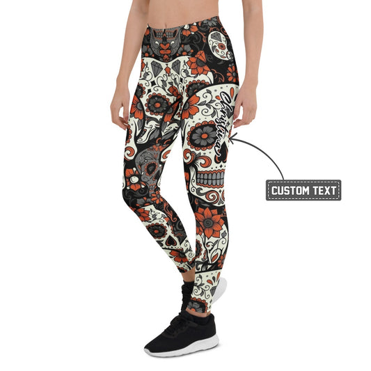 Personalisierte Sportleggings Damen Totenkopf Design Sugar Skull Muster Orange Schwarz Fitness Leggings N476 - XL