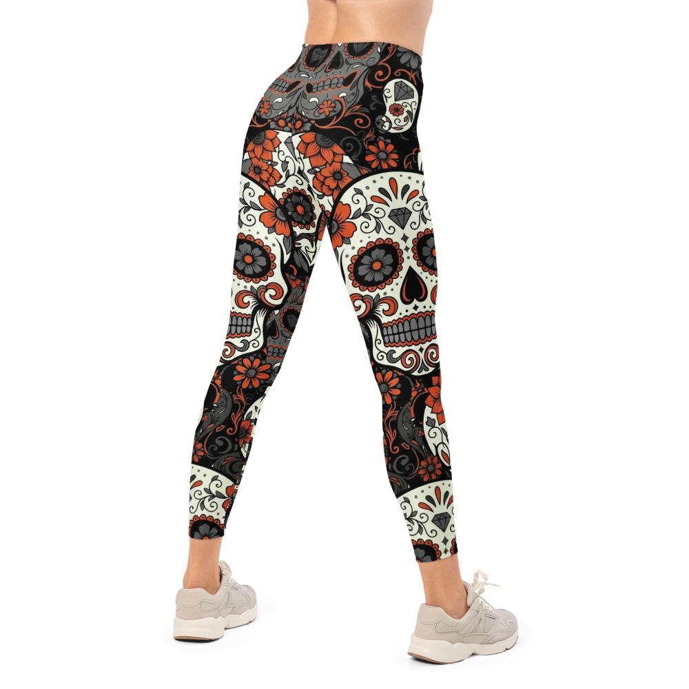 Personalisierte Sportleggings Damen Totenkopf Design Sugar Skull Muster Orange Schwarz Fitness Leggings N476