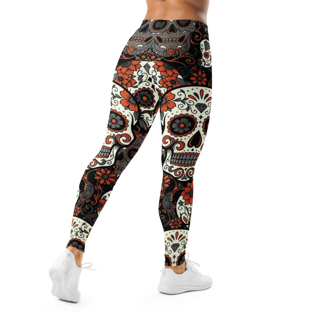Personalisierte Sportleggings Damen Totenkopf Design Sugar Skull Muster Orange Schwarz Fitness Leggings N476