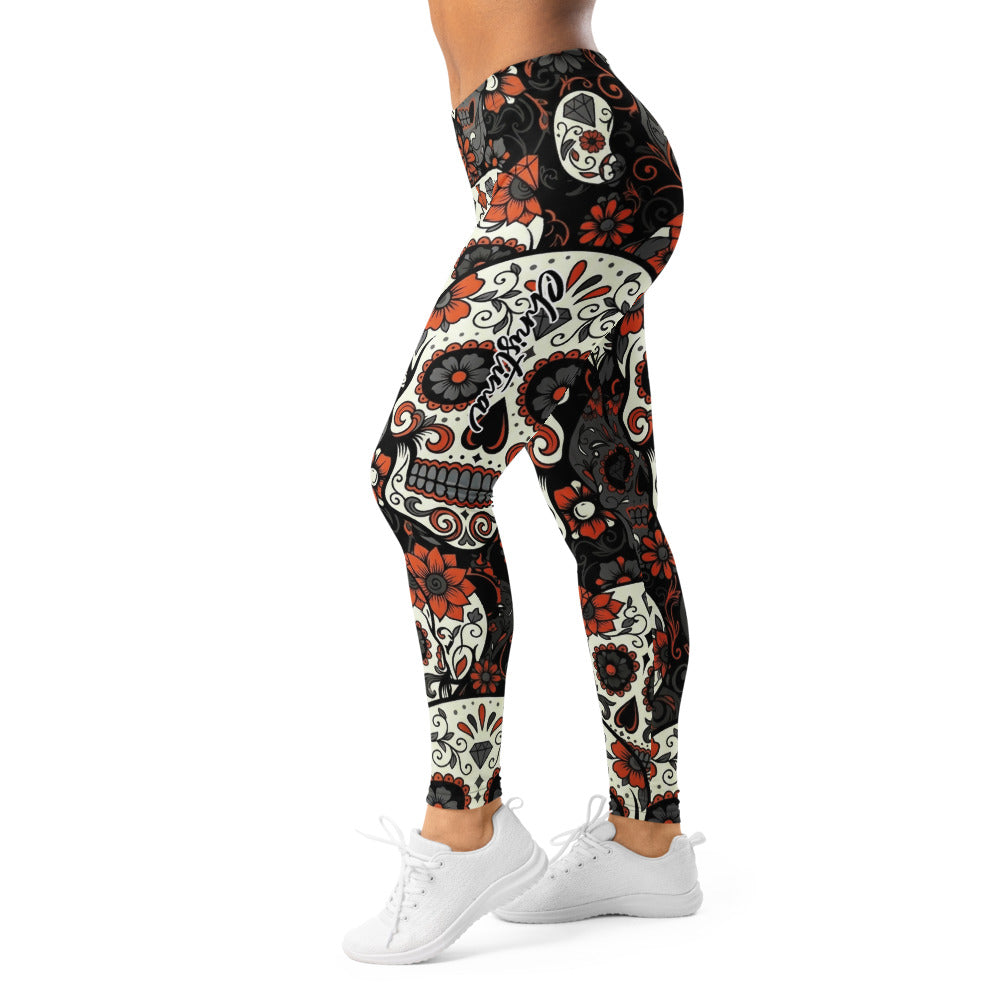 Personalisierte Sportleggings Damen Totenkopf Design Sugar Skull Muster Orange Schwarz Fitness Leggings N476