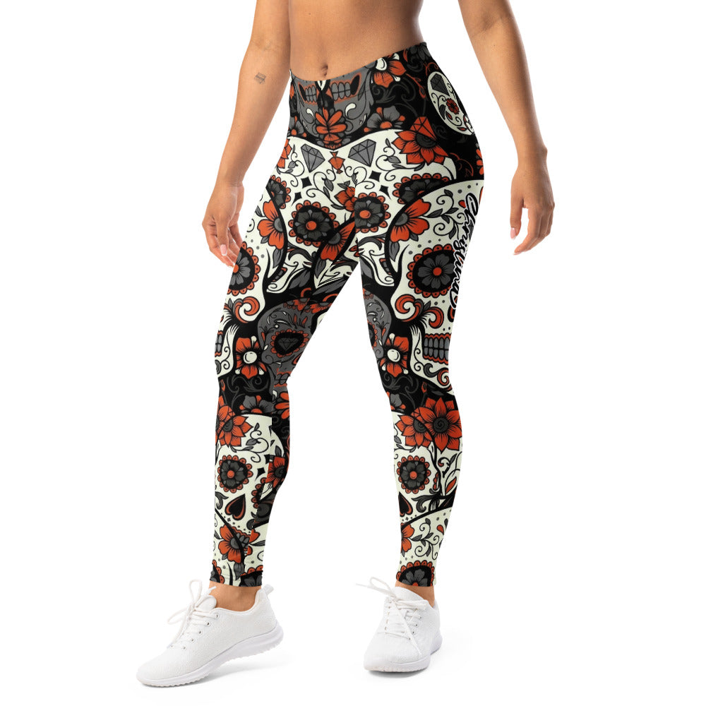 Personalisierte Sportleggings Damen Totenkopf Design Sugar Skull Muster Orange Schwarz Fitness Leggings N476