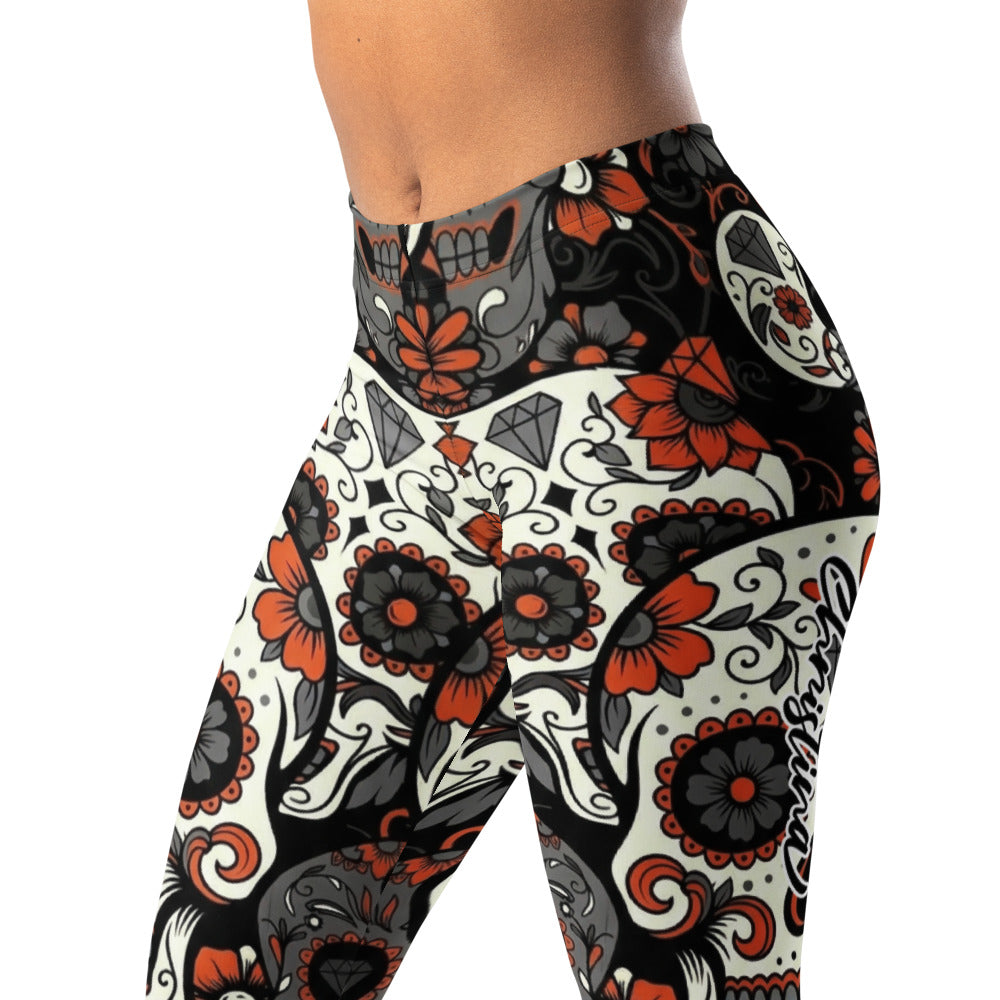 Personalisierte Sportleggings Damen Totenkopf Design Sugar Skull Muster Orange Schwarz Fitness Leggings N476