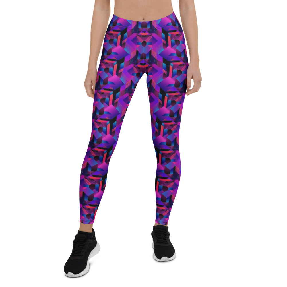 Personalisierte Damen Sportleggings Geometrisches 3D Muster Lila Blau Fitness Leggings Yoga Hose G205