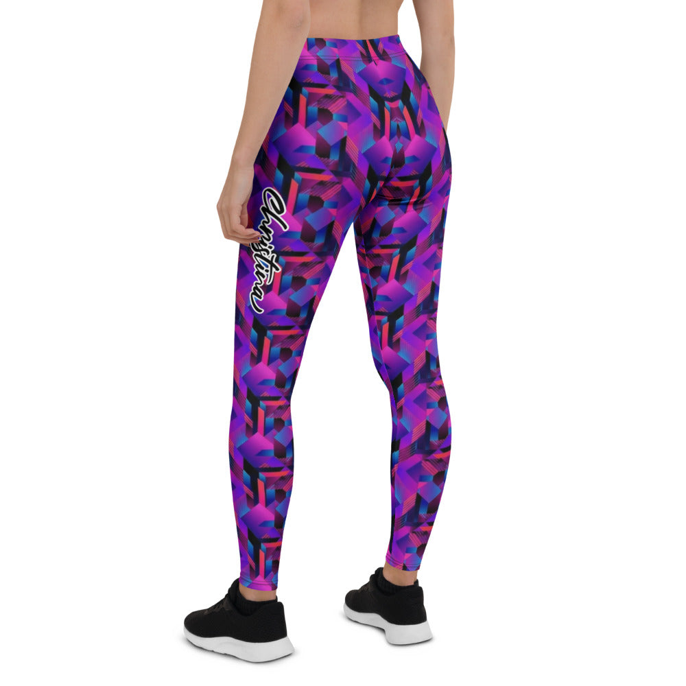 Personalisierte Damen Sportleggings Geometrisches 3D Muster Lila Blau Fitness Leggings Yoga Hose G205