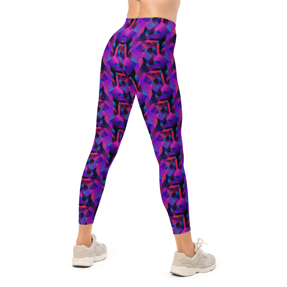 Personalisierte Damen Sportleggings Geometrisches 3D Muster Lila Blau Fitness Leggings Yoga Hose G205