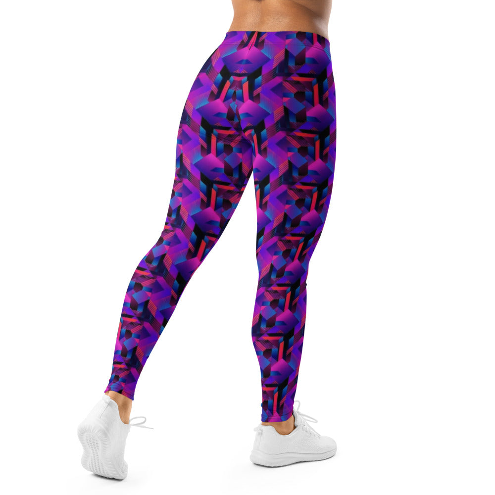 Personalisierte Damen Sportleggings Geometrisches 3D Muster Lila Blau Fitness Leggings Yoga Hose G205