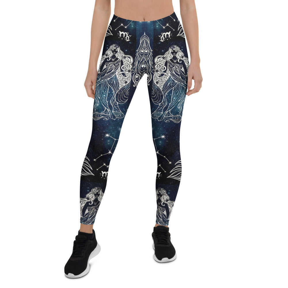 Personalisierte Sportleggings Damen Sternzeichen Jungfrau Galaxie Design Blau Schwarz Fitness Yoga Leggings E453