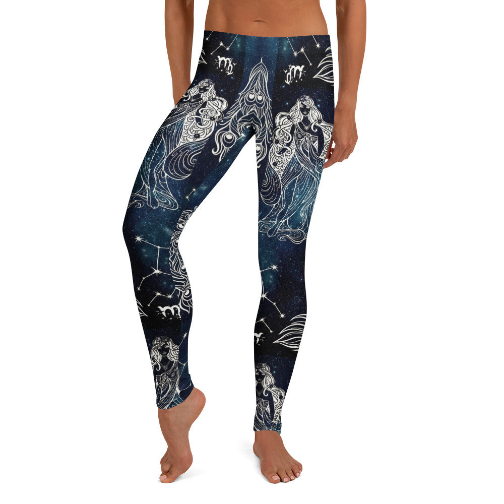 Personalisierte Sportleggings Damen Sternzeichen Jungfrau Galaxie Design Blau Schwarz Fitness Yoga Leggings E453