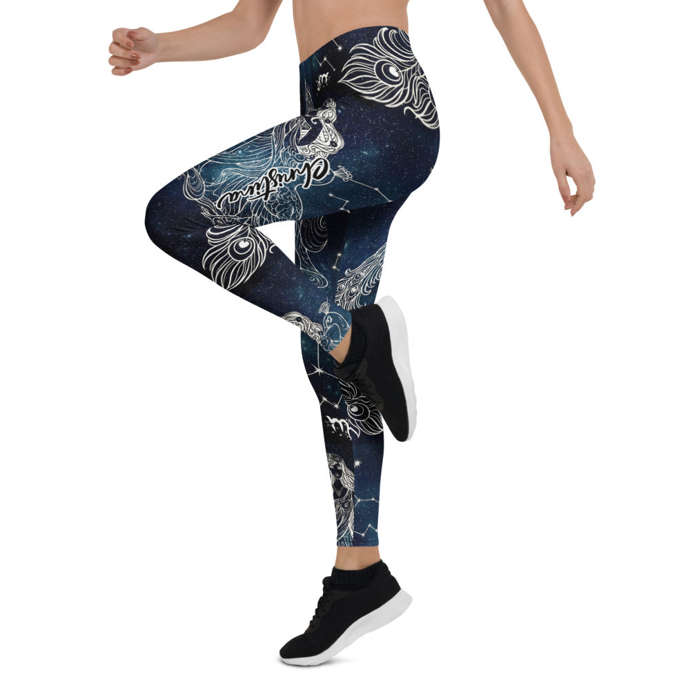 Personalisierte Sportleggings Damen Sternzeichen Jungfrau Galaxie Design Blau Schwarz Fitness Yoga Leggings E453