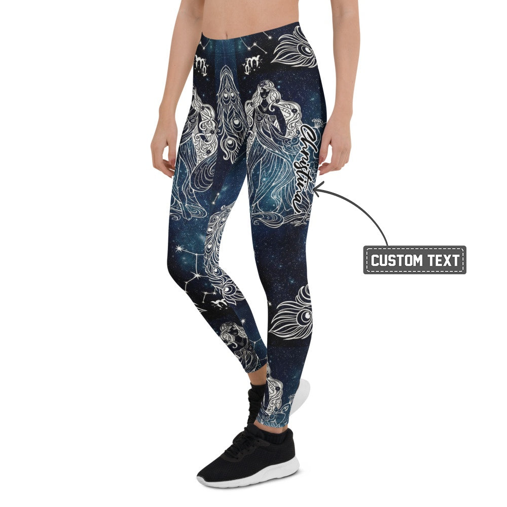 Personalisierte Sportleggings Damen Sternzeichen Jungfrau Galaxie Design Blau Schwarz Fitness Yoga Leggings E453 - XL