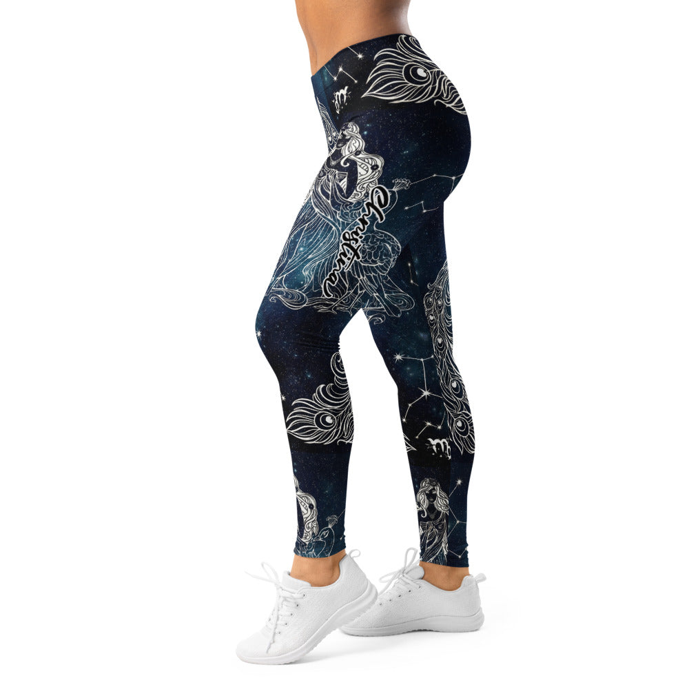 Personalisierte Sportleggings Damen Sternzeichen Jungfrau Galaxie Design Blau Schwarz Fitness Yoga Leggings E453
