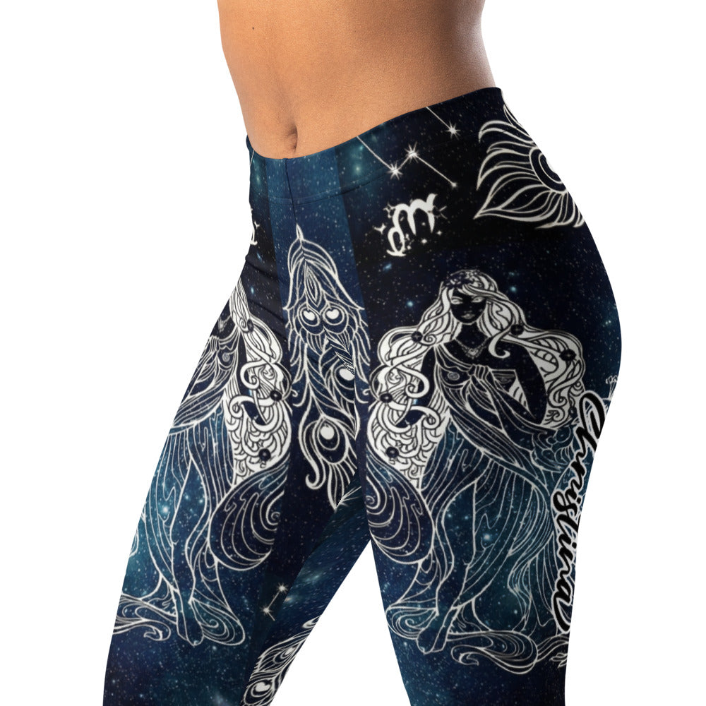 Personalisierte Sportleggings Damen Sternzeichen Jungfrau Galaxie Design Blau Schwarz Fitness Yoga Leggings E453