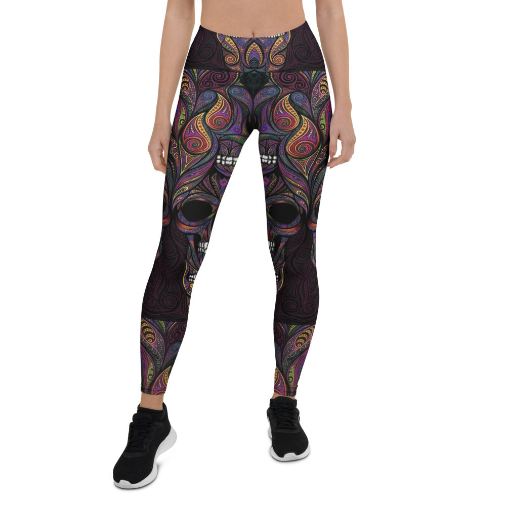 Personalisierte Sportleggings Damen Totenkopf Design Bunt Psychadelisches Muster Fitness Yoga Leggings C062