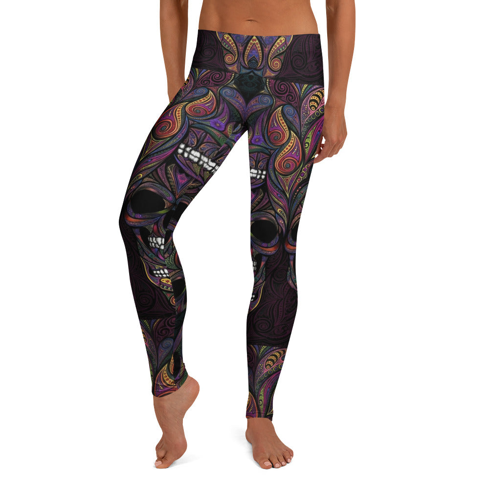 Personalisierte Sportleggings Damen Totenkopf Design Bunt Psychadelisches Muster Fitness Yoga Leggings C062