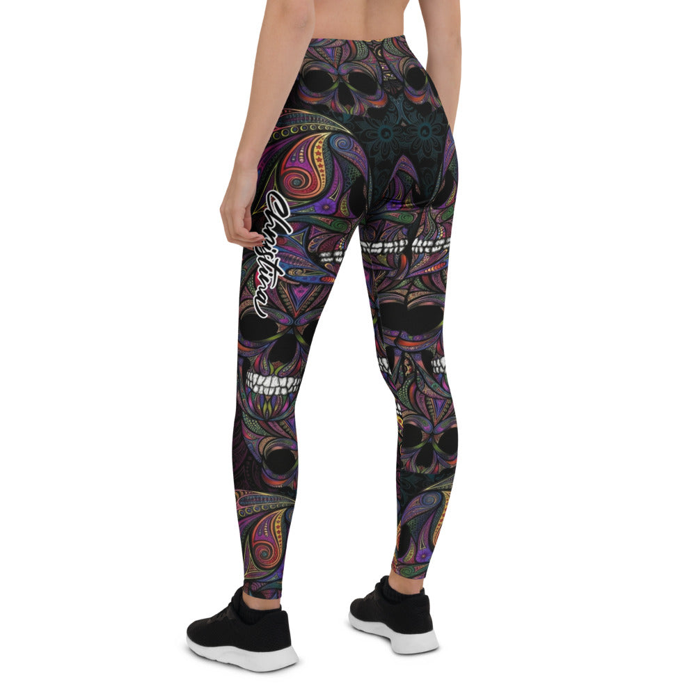 Personalisierte Sportleggings Damen Totenkopf Design Bunt Psychadelisches Muster Fitness Yoga Leggings C062