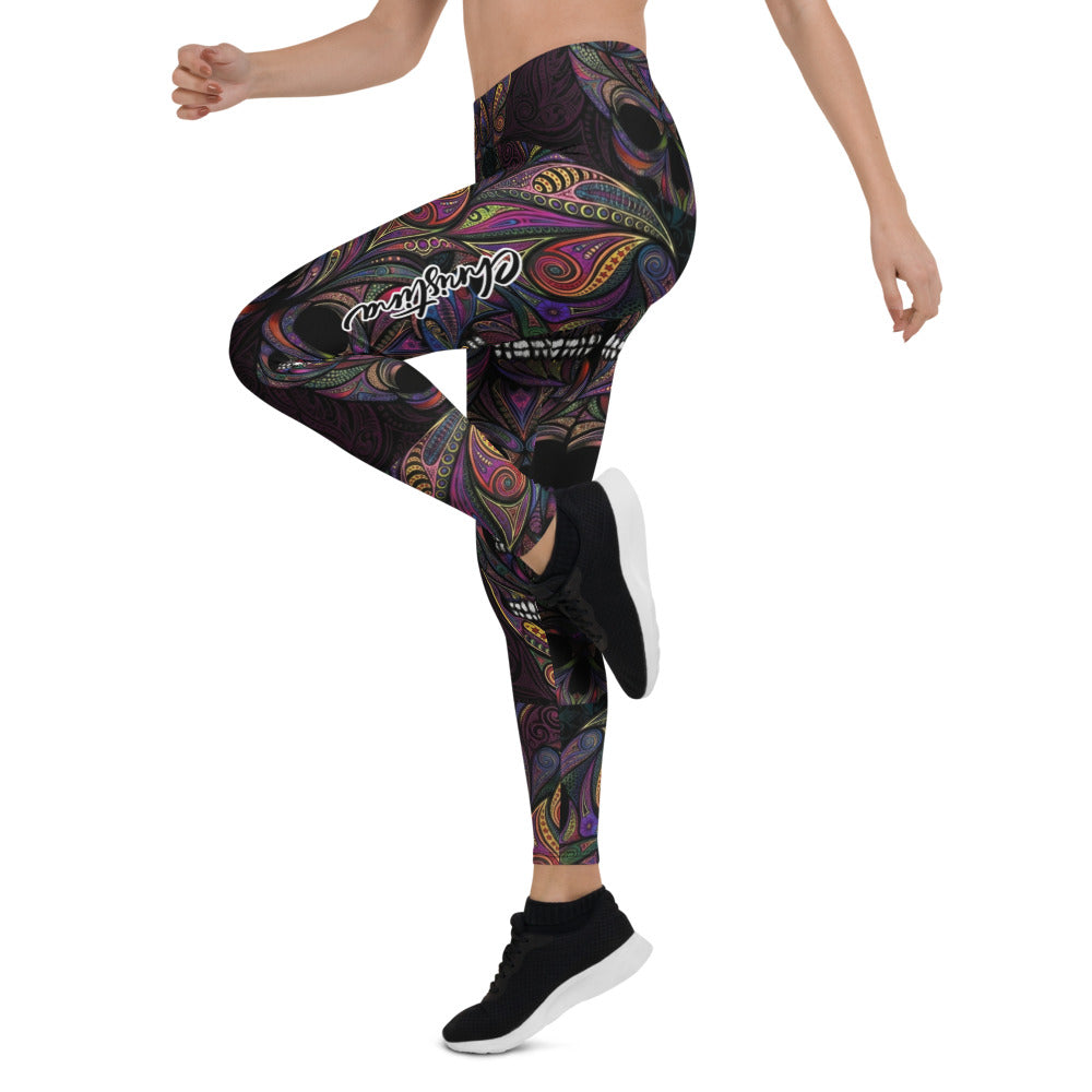 Personalisierte Sportleggings Damen Totenkopf Design Bunt Psychadelisches Muster Fitness Yoga Leggings C062