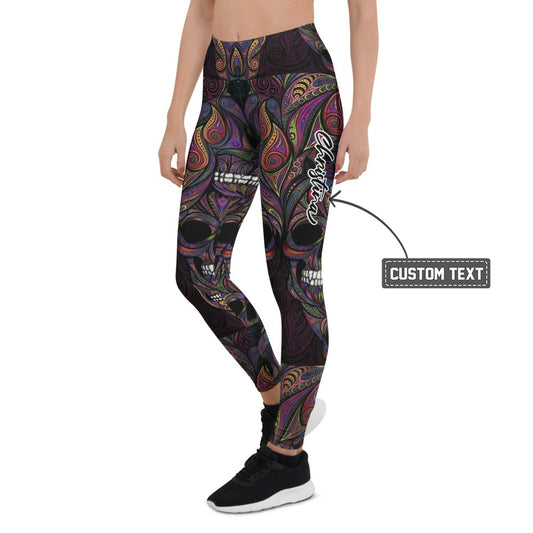 Personalisierte Sportleggings Damen Totenkopf Design Bunt Psychadelisches Muster Fitness Yoga Leggings C062 - XL