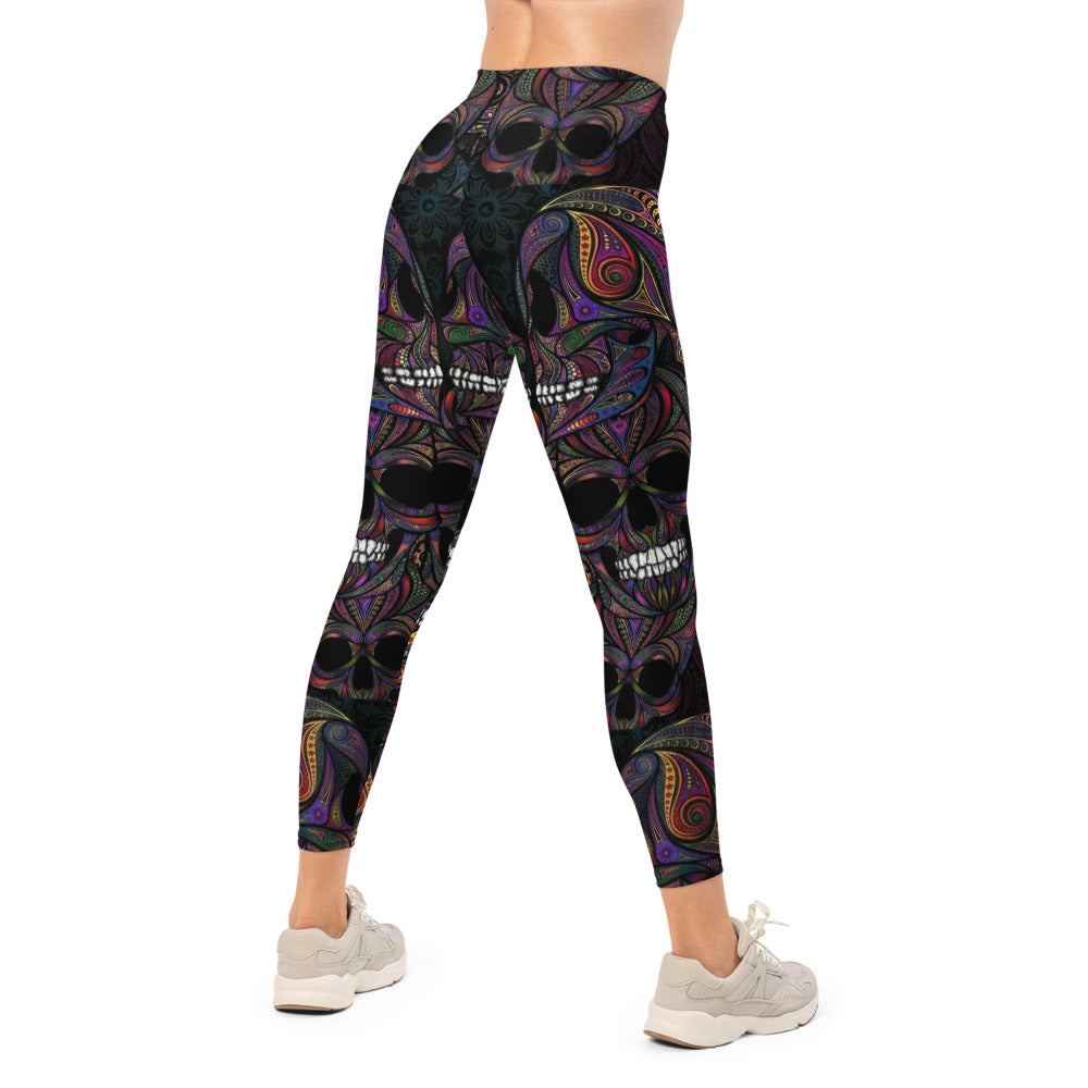 Personalisierte Sportleggings Damen Totenkopf Design Bunt Psychadelisches Muster Fitness Yoga Leggings C062